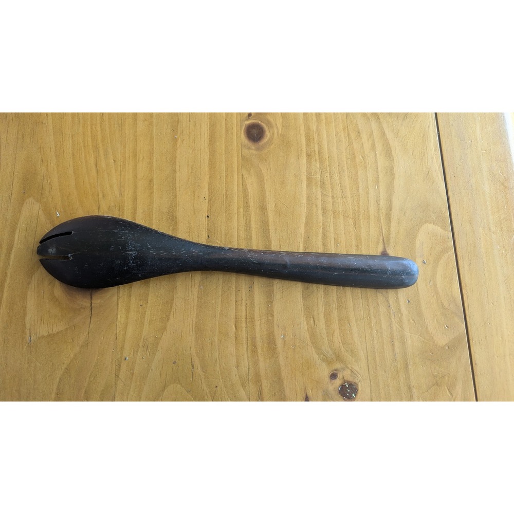 Vintage Dark Brown Hand Carved Wooden Salad Serving Fork 12.5 Inch Rustic Treen - Picture 6 of 6